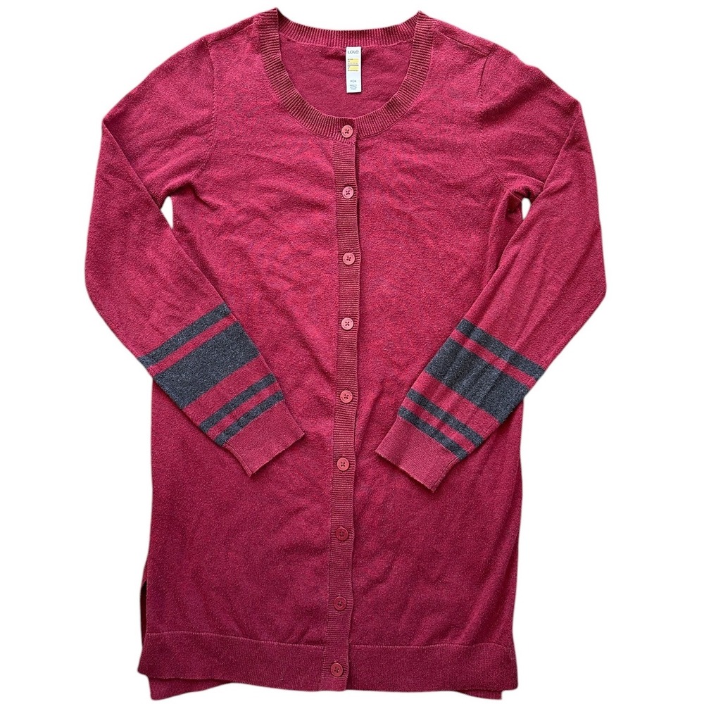 Lole Cardigan Women Medium Burgundy Longline Button Front Striped Sleeve LSW1973